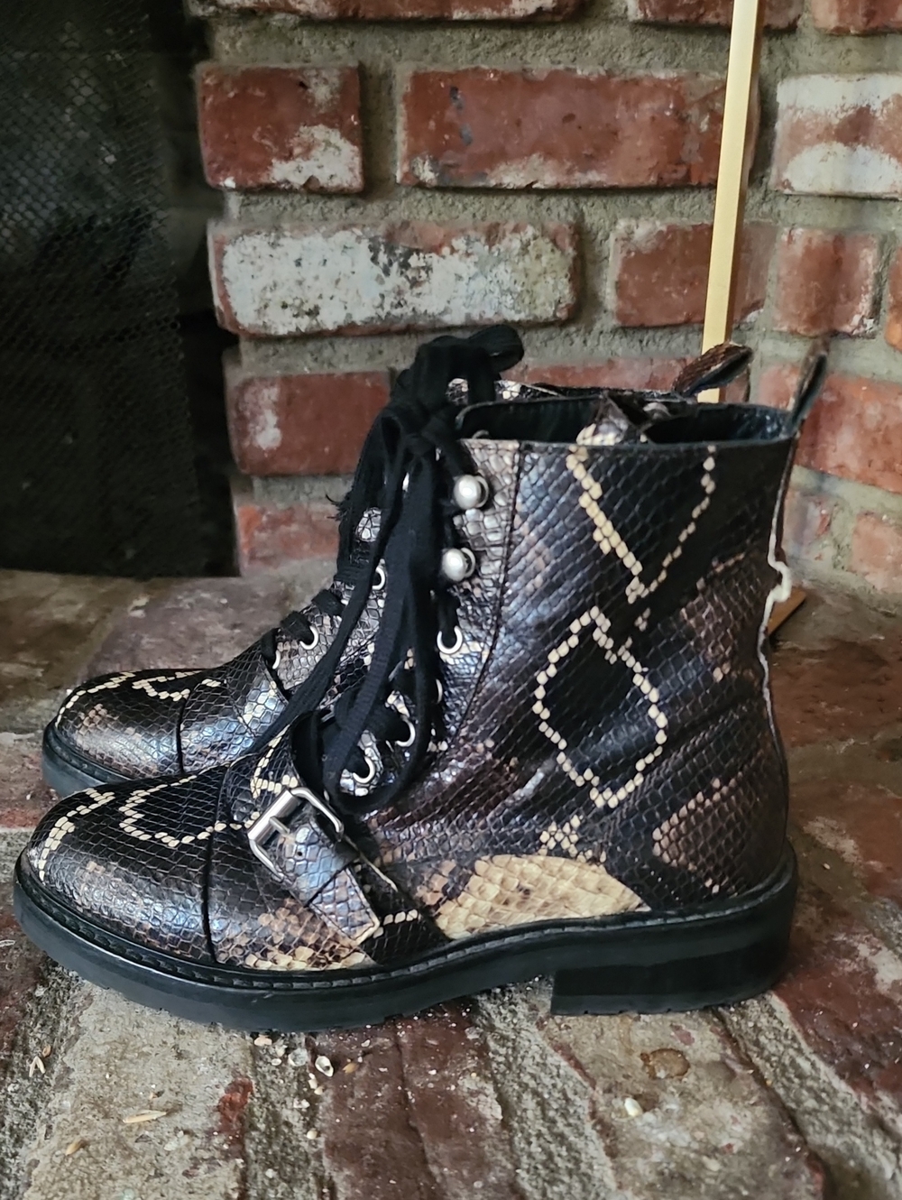 All Saints Black & Tan Snake-Print Combat Boots